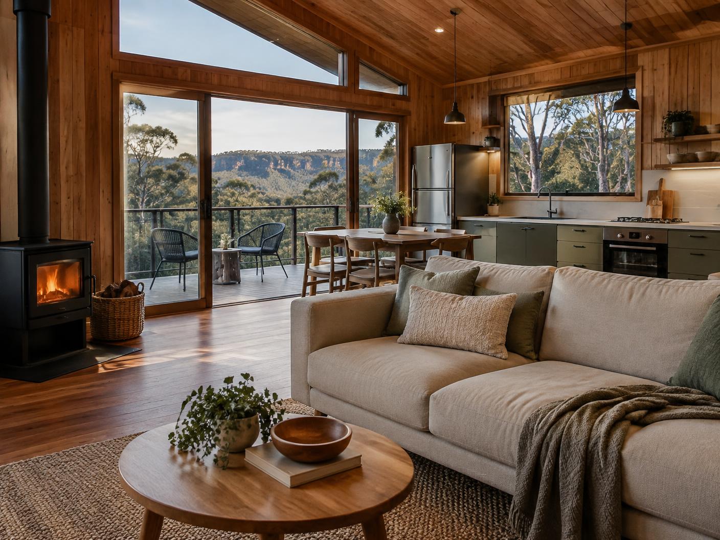 Warm self-contained cabin living area and kitchen