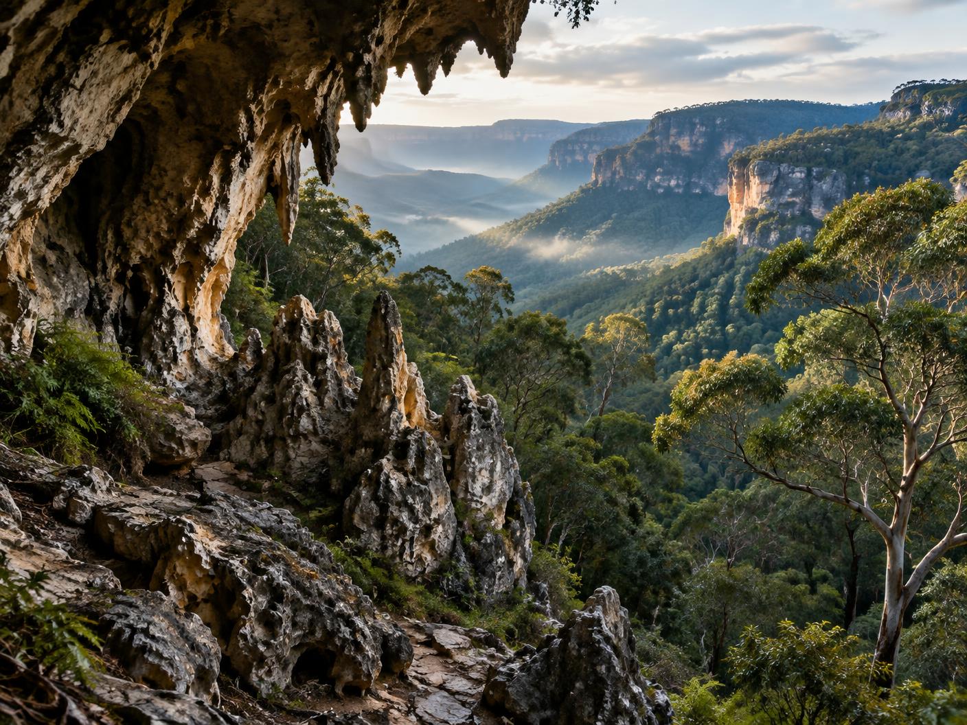 Limestone karst formations overlooking forested mountains in the Jenolan area